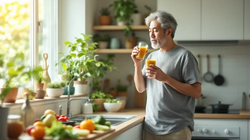 朝のキッチンで野菜ジュースを飲みながらリラックスしている40代の日本人男性。明るい朝の光が差し込んでいる