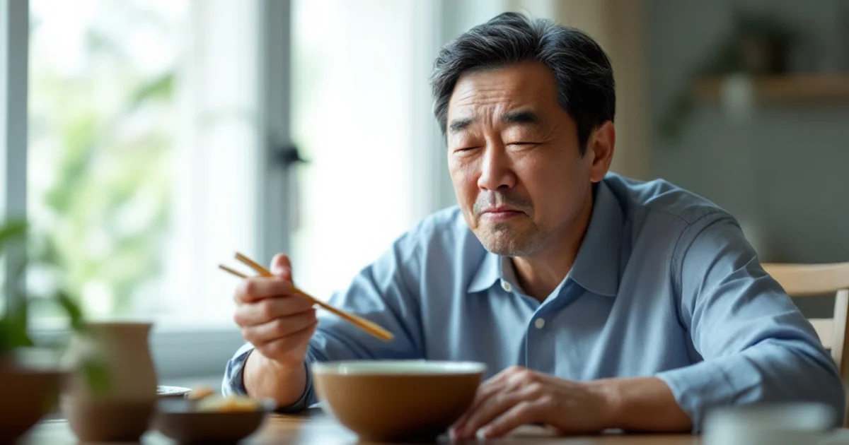 食事の途中で箸を止め、口の中のしみる痛みに顔をしかめている50代の男性
