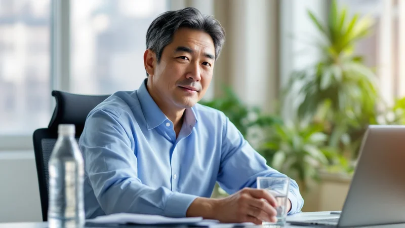 オフィスのデスクで水を口に含み、口の乾燥に気を配っている50代の男性