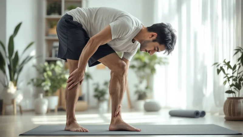 トレーニング後にふくらはぎを軽くストレッチする40代の日本人男性