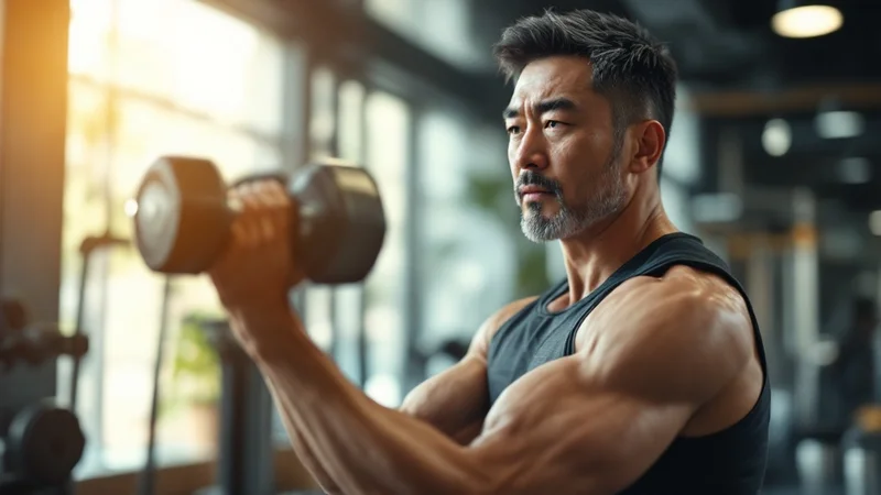 ジムでダンベルを持ち上げるトレーニングをする40代の日本人男性