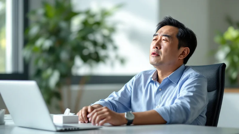 オフィスのデスクで鼻が詰まり、口で呼吸しながら疲れた表情を見せている50代の男性