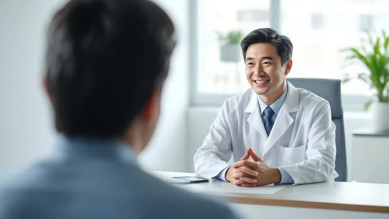 耳鼻咽喉科の診察室で、医師が机越しに患者へ穏やかに説明している場面