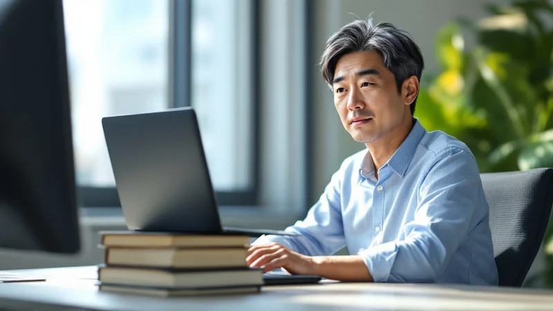 ノートパソコンを本の上に載せて画面を目の高さに上げ、外付けキーボードを使って背筋を伸ばして座る40代後半の日本人男性