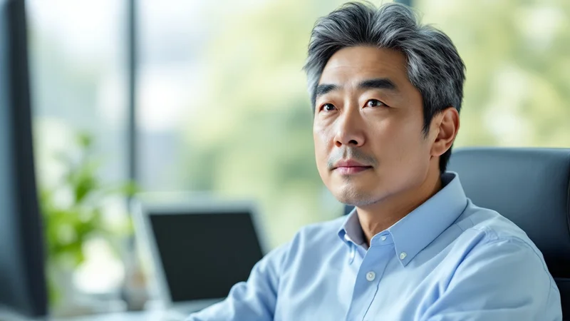明るいオフィスで椅子に座り、背筋を伸ばして正面を見ている40代後半の日本人男性