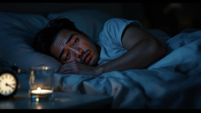 夜中にベッドで目が覚めて時計を確認する40代日本人男性、隣に空のグラスが置かれている