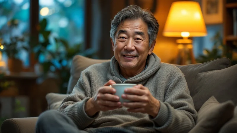 リビングのソファでハーブティーのカップを両手に持ち、リラックスした表情を見せる40代日本人男性