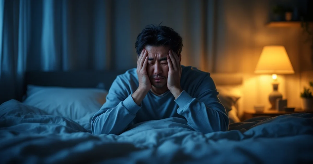 夜中に何度も目を覚まし疲れた表情を浮かべる40代の日本人男性がベッドの端に座っている