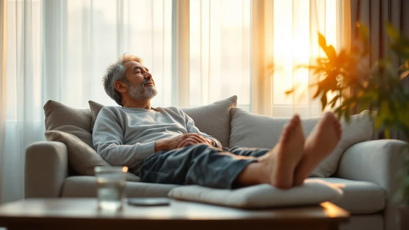 夕方に脚を高くして休みむくみ対策をする40代の日本人男性