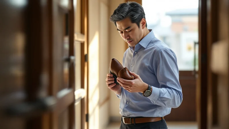 玄関で靴を手に取り、履く前に中に異物がないか確認している40代の男性