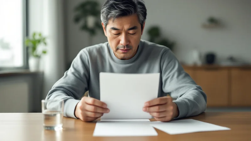 明るいダイニングで、数年分の健康診断の結果を並べて見返している40代後半の男性