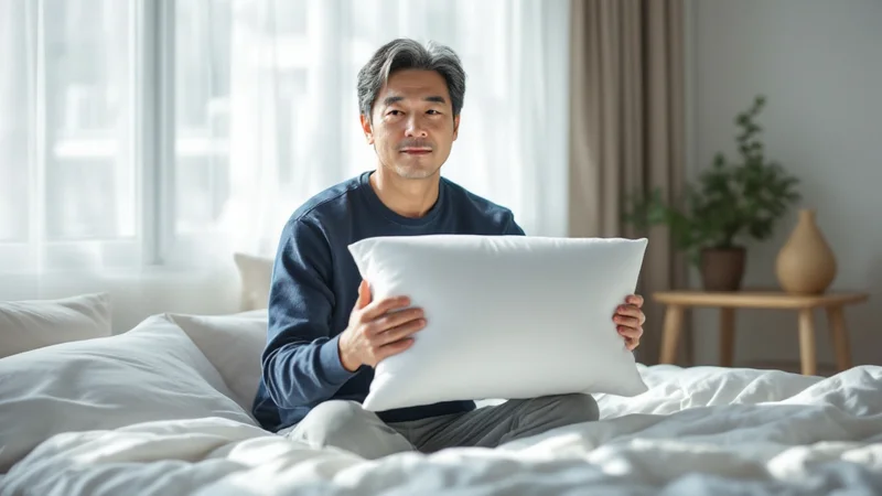 朝の明るい寝室で、ベッドに腰かけて白い枕を両手で持ち、その厚みを確かめている40代後半の日本人男性
