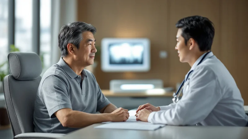 診察室の机越しに、白衣の医師と向かい合って症状を説明している40代後半の日本人男性