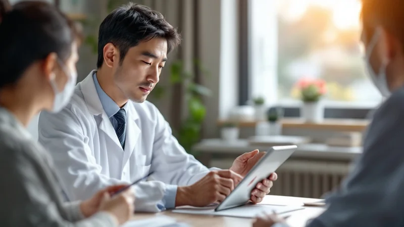 タブレットの図を使って排尿の仕組みを患者に説明する医師