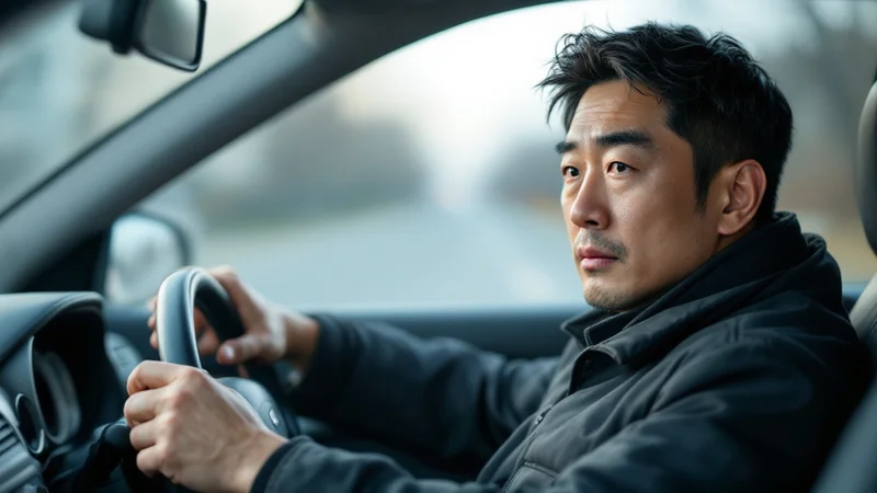 長距離の運転中にトイレが気になり、落ち着かない表情でハンドルを握る40代の男性