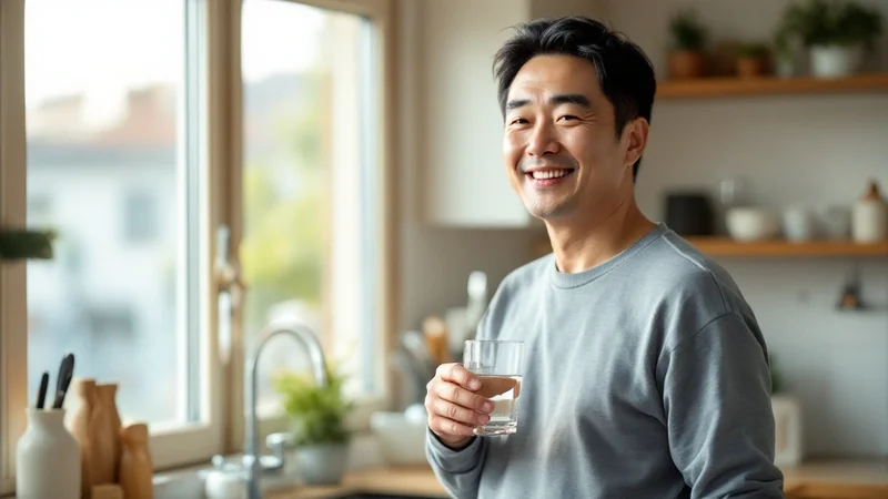 水分をとるタイミングを見直し、朝のキッチンで水を飲む40代の男性