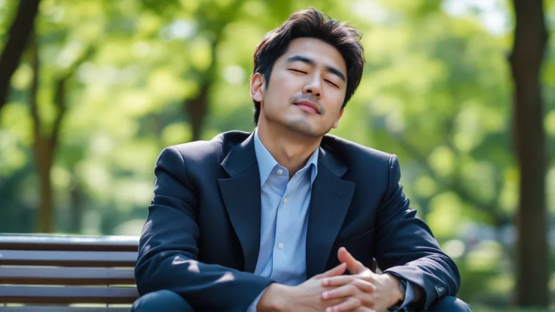 公園のベンチで目を閉じ、ゆっくり呼吸して落ち着こうとしている40代の男性
