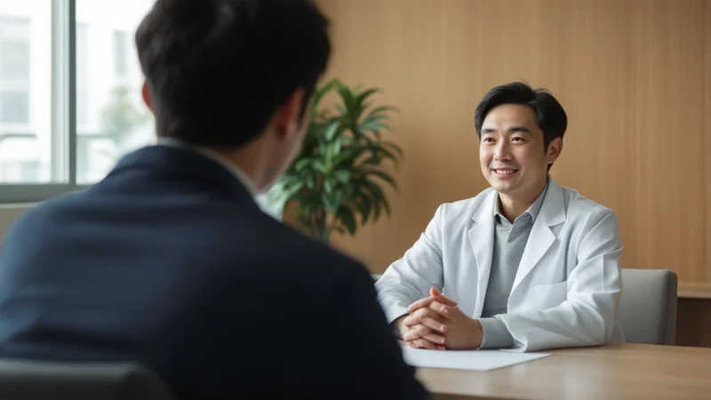 診察室で、白衣の医師が机越しに患者の話を落ち着いて聞いている場面