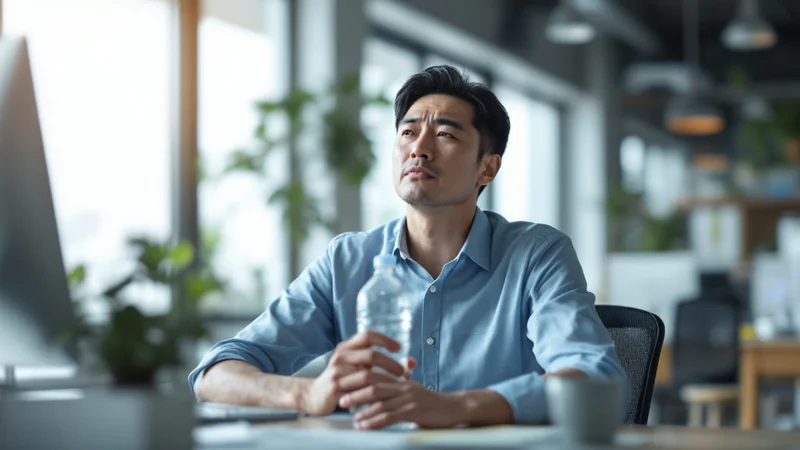 明るいオフィスのデスクで、水のボトルを手に持って一息ついている40代の日本人男性の写真