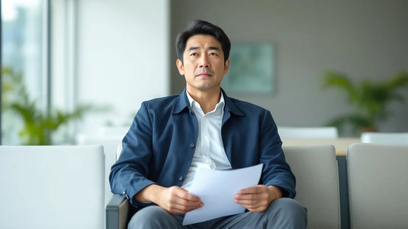 明るいクリニックの待合室のベンチに座り、問診票を手に持っている40代の日本人男性の写真