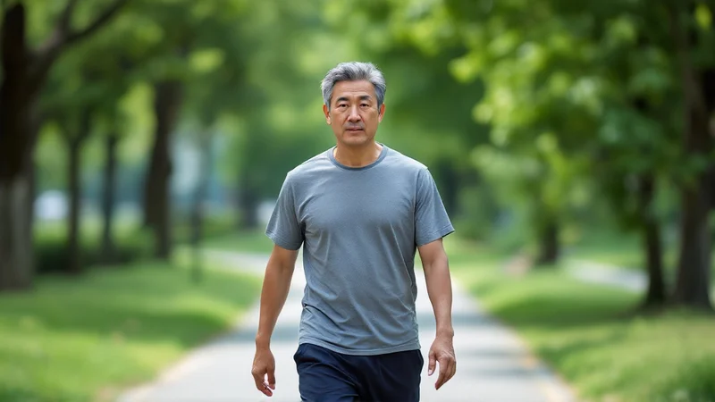 公園の遊歩道を、ゆっくりしたペースで歩いている50代の男性