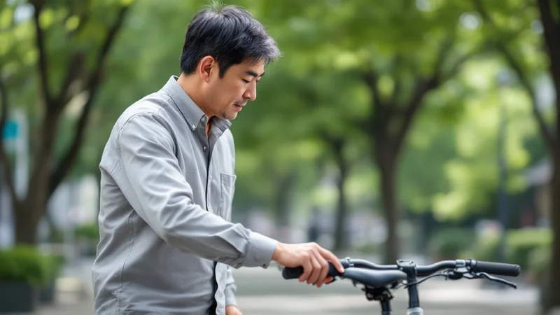 屋外で自転車のセッティングを確かめている40代後半の男性