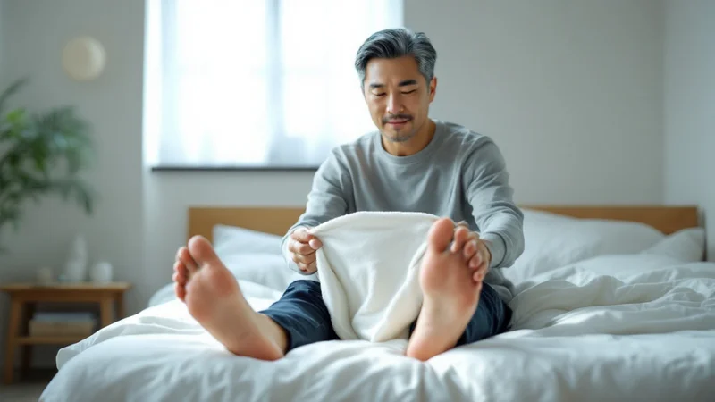 ベッドで両脚を前に伸ばし、タオルを両手で持って足の裏を伸ばそうとしている40代後半の男性