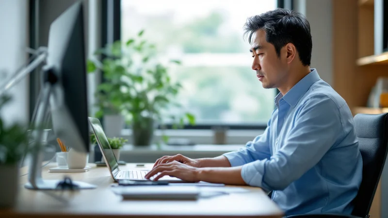 オフィスのデスクで長時間座ったまま作業を続けている40代後半の男性を横から見たところ