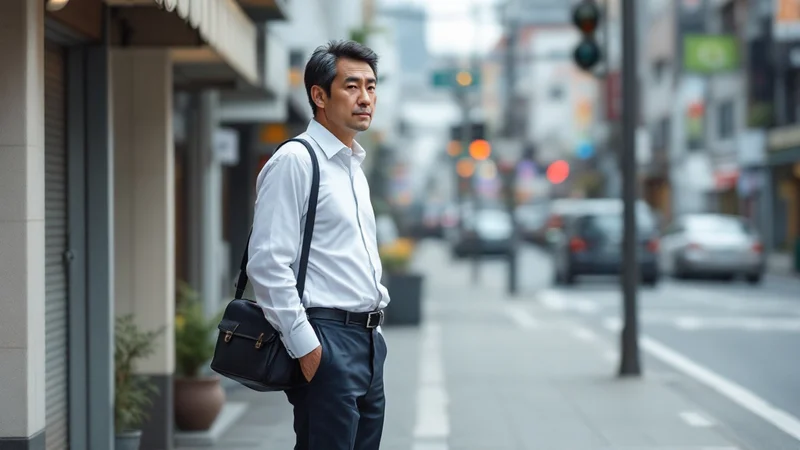 街の歩道で立ち止まっている、外回り中の40代後半のビジネスマン