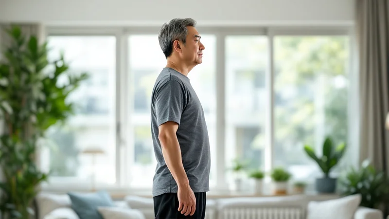 明るい部屋で横向きに立ち、骨盤を起こして背筋をまっすぐに保っている40代後半の日本人男性