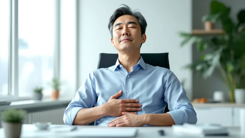 明るいオフィスで椅子に深く座り、下腹に指先を当ててゆっくり息を吐いている40代後半の日本人男性