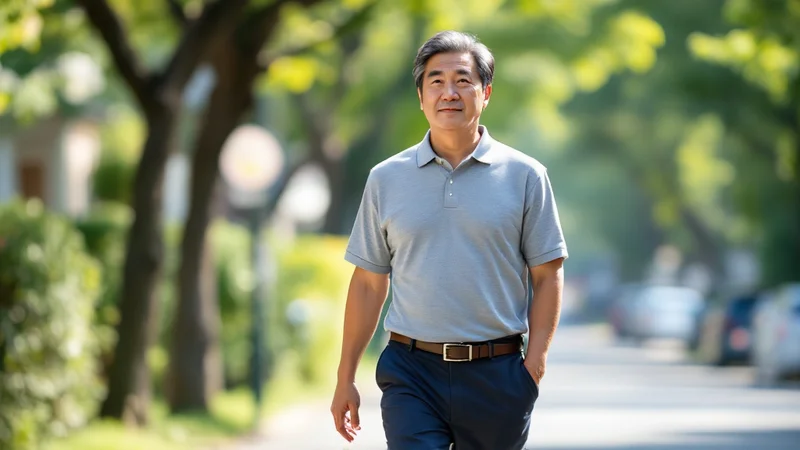 明るい昼の並木道を、ゆったりした足取りで歩く40代後半の日本人男性