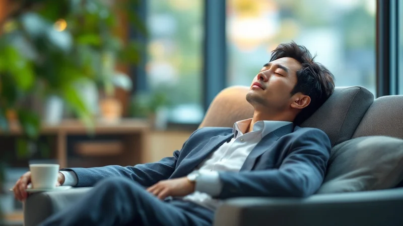 昼休みにラウンジのソファで目を閉じてくつろぐ40代の日本人男性