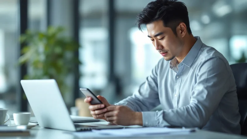 デスクでスマートフォンを操作し昼寝前のタイマーをセットする40代の日本人男性