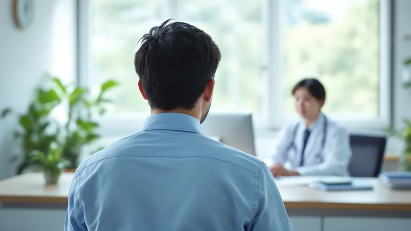明るい診察室で、白衣の医師と机をはさんで向き合い相談している男性を背後から見た様子
