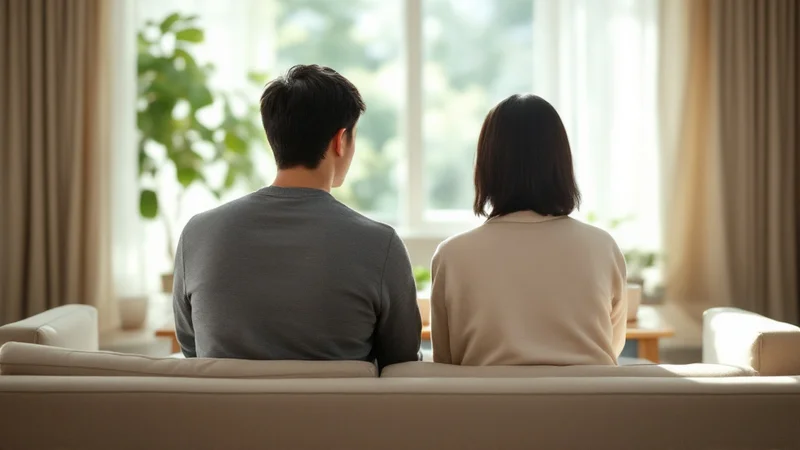 明るいリビングのソファに並んで座り、静かに話している夫婦を背後から見た様子