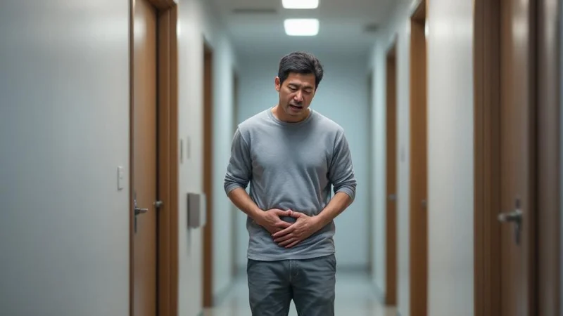 40代日本人男性がトイレのドアの前で困った様子で立っている写真