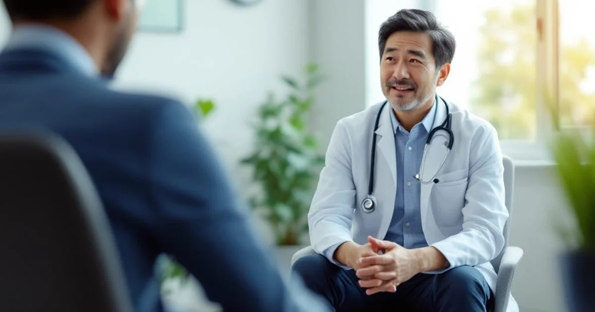 泌尿器科の診察室で医師と向き合う40代の日本人男性