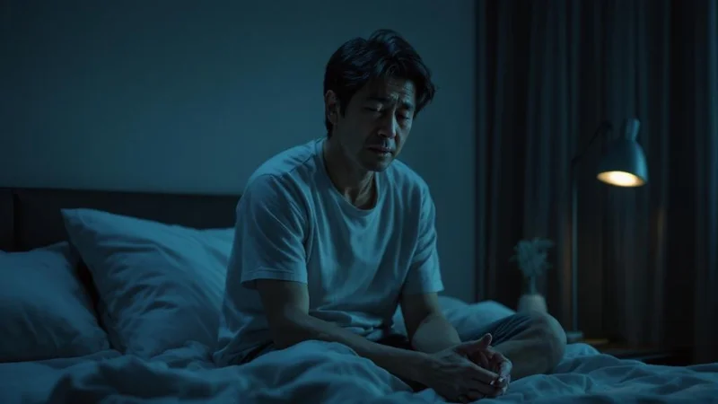 夜間に何度もトイレに起きる40代の日本人男性がベッドで目を覚ます様子