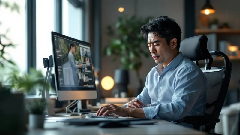 長時間デスクワークをする40代の日本人男性。会陰部への圧迫が前立腺炎リスクにつながることを示す