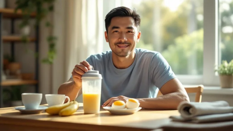 朝食でプロテインシェイクとバナナとゆで卵を組み合わせる40代の日本人男性