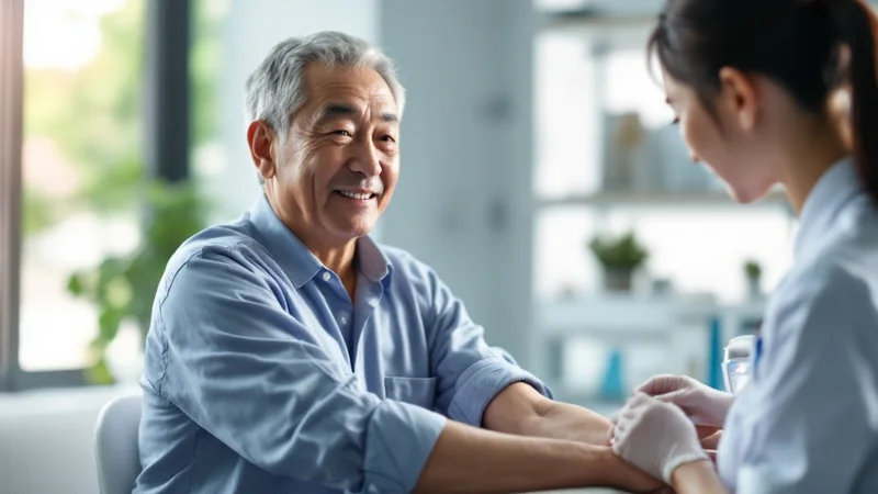 クリニックで採血を受ける40代から50代の日本人男性。PSA検査は通常の血液検査と同じ採血で行える