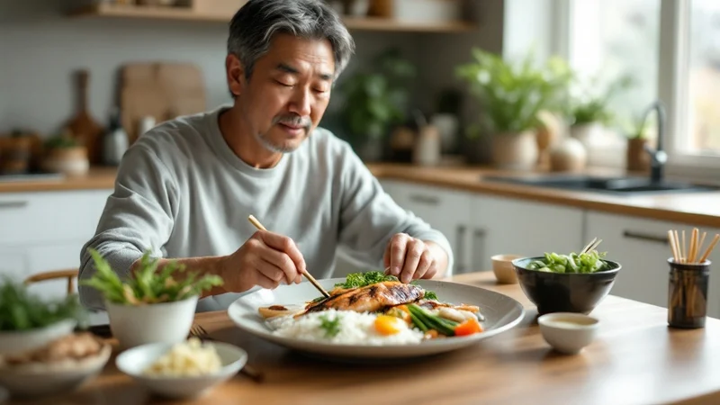和定食の食卓に向かう40代から50代の日本人男性。野菜と魚を中心としたバランスの良い食事は前立腺の健康にもつながる