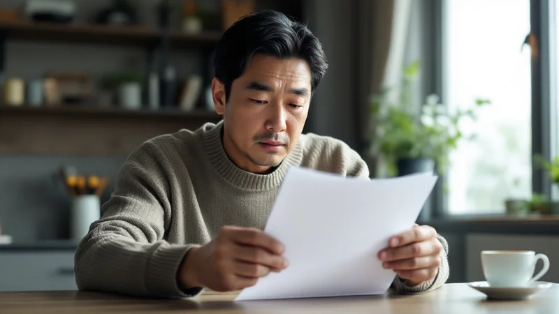 ダイニングテーブルで健康診断の結果用紙を手に取り、真剣な表情で読んでいる40代の日本人男性