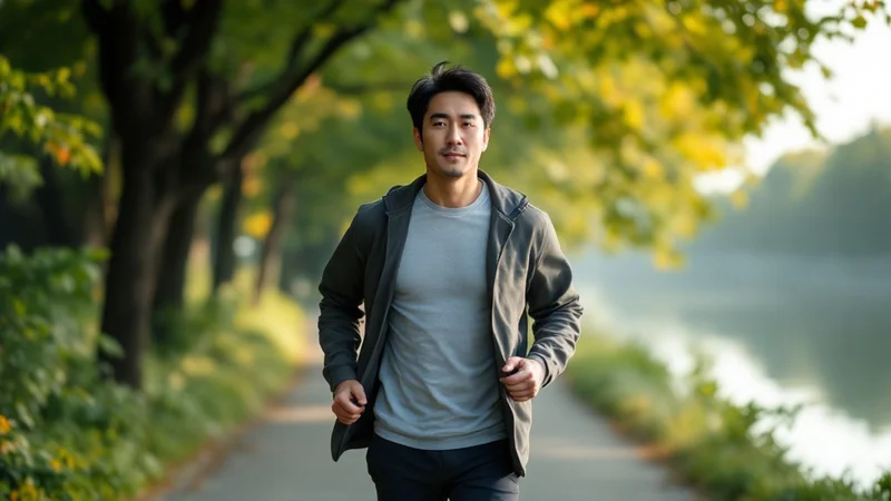 朝の川沿いの並木道を軽装で歩いている40代の日本人男性