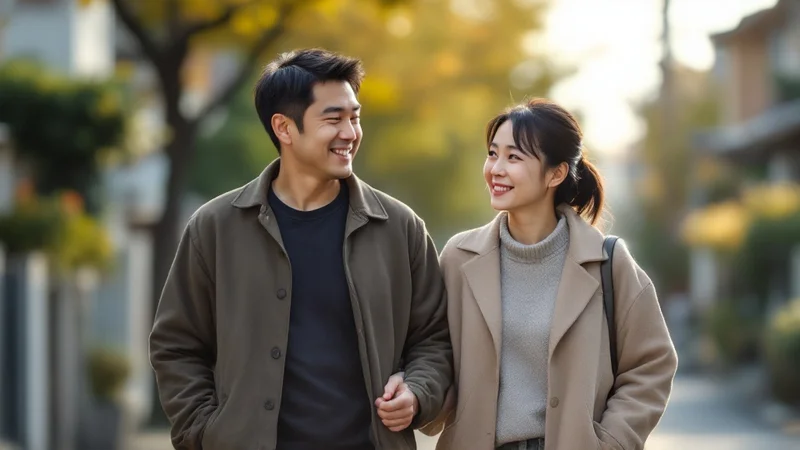街路樹のある通りを並んで歩きながら、笑顔で会話している日本人の夫婦
