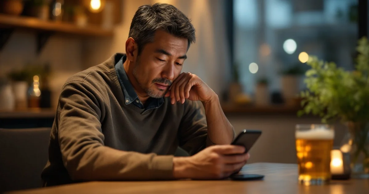 ビールのグラスを前にスマートフォンで純アルコール量を確かめる40〜50代の日本人男性