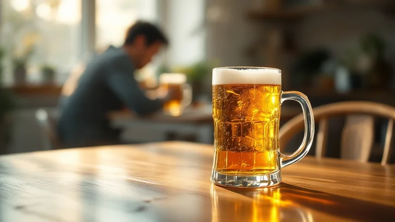 純アルコール量20gの目安となるビール中ジョッキ1杯を前にする40〜50代の日本人男性