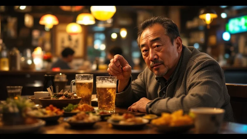 居酒屋でビールジョッキとプリン体の多いおつまみを前にする40代から50代の日本人男性