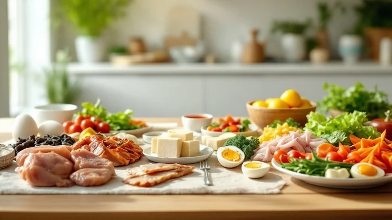 プリン体の多い食品と少ない食品を並べて比較する食卓のイメージ